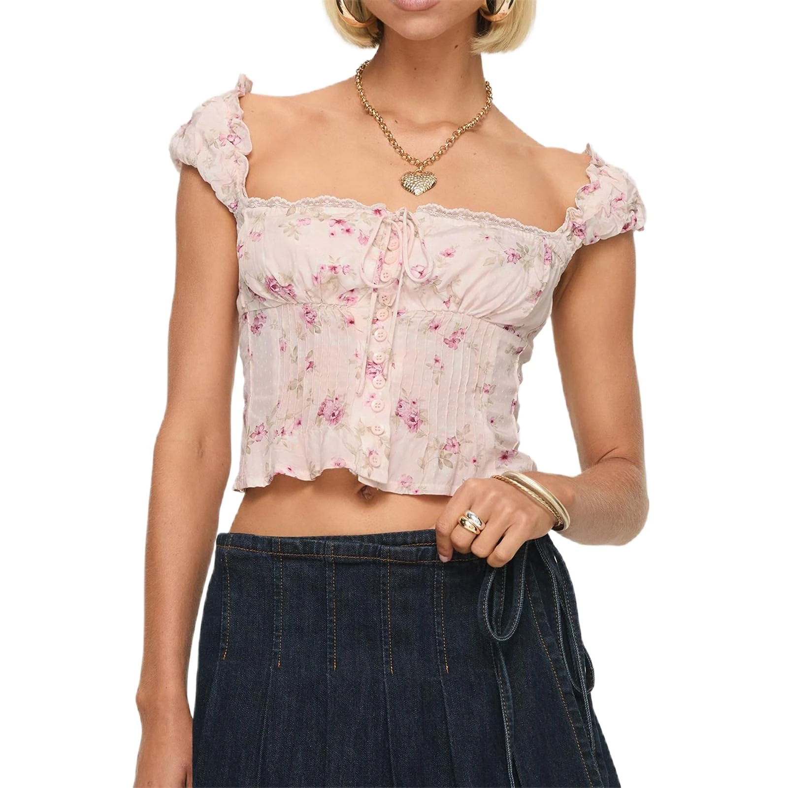 Women Y2k Camisole Sleeveless Crop Tops Square Neck Floral Tie Front Slim Fit Summer Vest Cute Tank Tops (A-Pink, L)