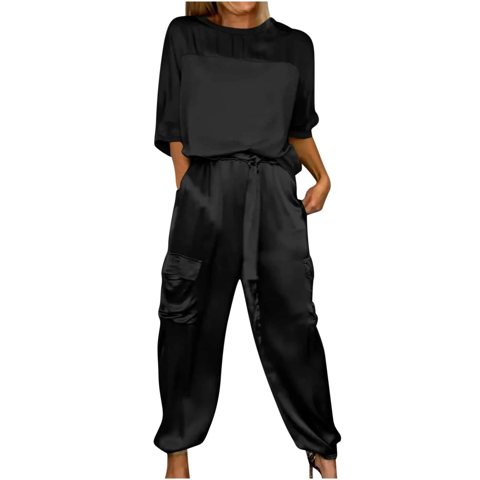 Airport Outfit Women,Two Piece Outfit Summer Fall Loungewear Stain Straight Leg Pants with Pockets Round Neck Cotton Linen Color Blocked Blouse 3/4 Sleeve Co Ord Sst Holiday Lounge Wear Sets