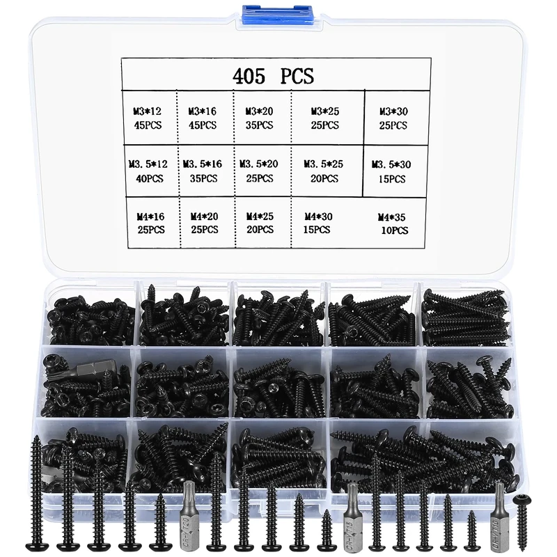 405 pcs Black carbon steel Torx Head Screws Set, M3/M3.5/M4, Flat & Round Head Woodbuilding and Self-tapping Screws Assortment Kit, with 3pcs Drill Bits