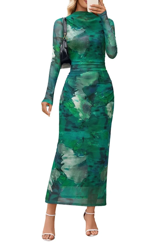 MEROKEETY Women's Long Sleeve Fall Wedding Guest Dress 2025 Bodycon Floral Mesh Ruched Cocktail Maxi Dresses, Green, L