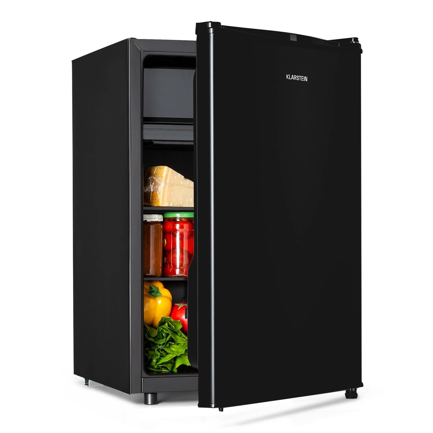 KLARSTEIN Obsidian - refrigerator, volume: 72 litres, black inside and outside, 7 cooling levels, vegetable compartment, noise level: 42 dB, black