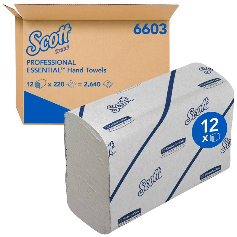 Scott Essential Hand Towels, Narrow-Fold 2-Ply White Paper Towels, Soft, Absorbent, FSC Certified, Compatible with Multifold Dispensers, 12 Clips x 220 Sheets (2,640 Sheets Total), Model Nr. 6603