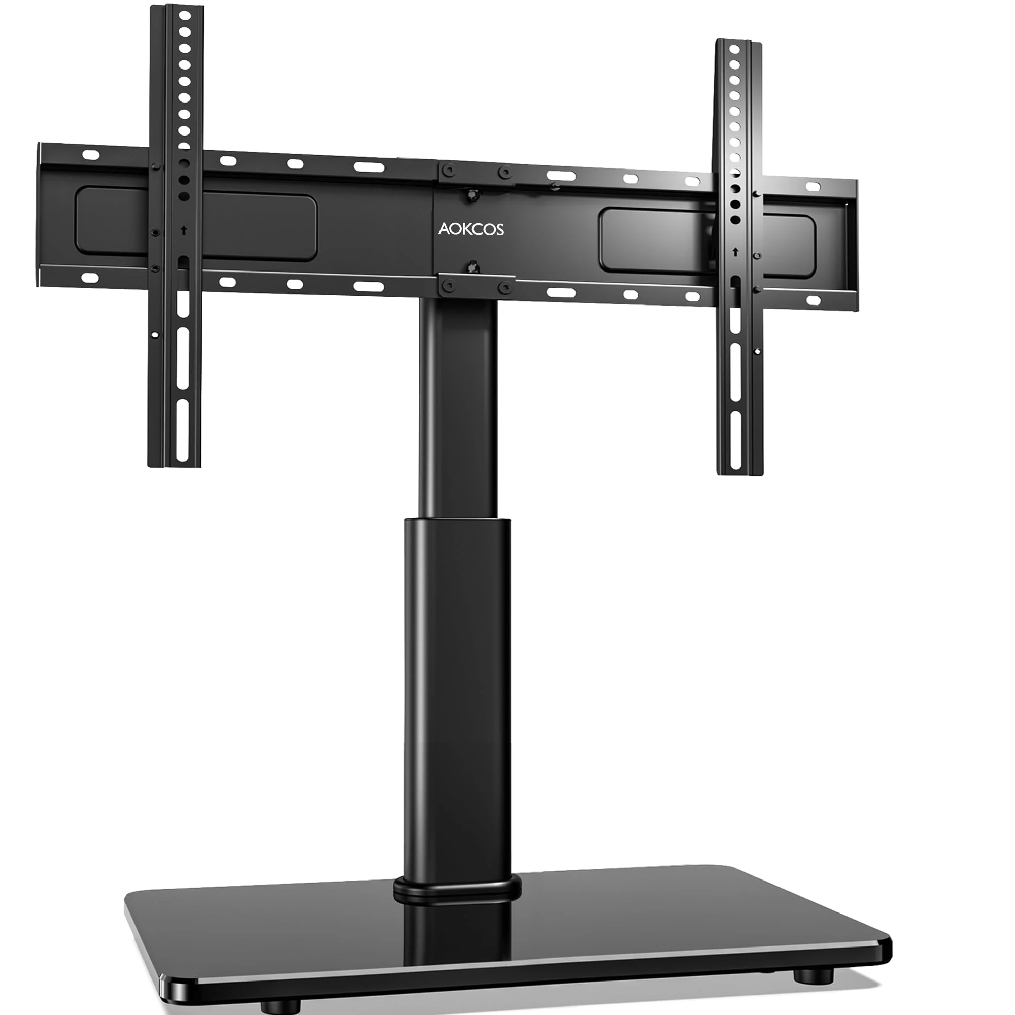 AOKCOS Table Top TV Stand for 32-75 inch TVs up to 45kg,Height Adjustable 900mm & Tiltable,Universal Swivel TV Stand with toughened Glass Base & Cable Management,Max VESA 600x400mm