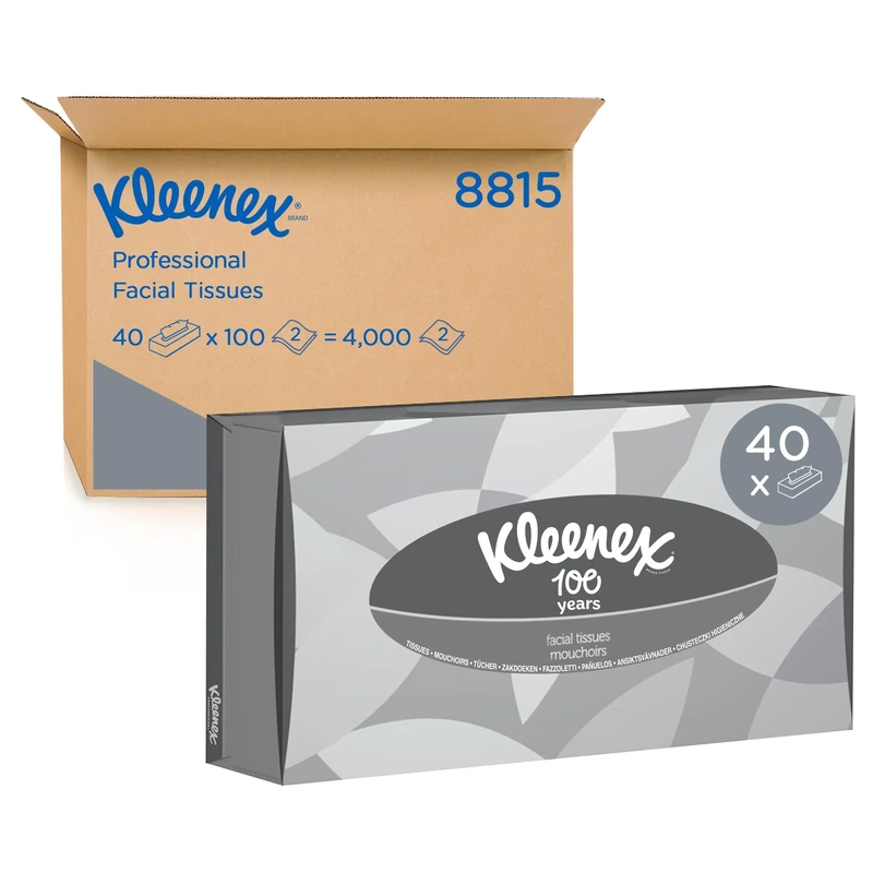 Kleenex Facial Tissues, 2-Ply, White, Soft & Absorbent – Boxed Flat Tissues for Everyday Use, 40 Boxes x 100 Tissues (4,000 Total), Model-Nr. 8815