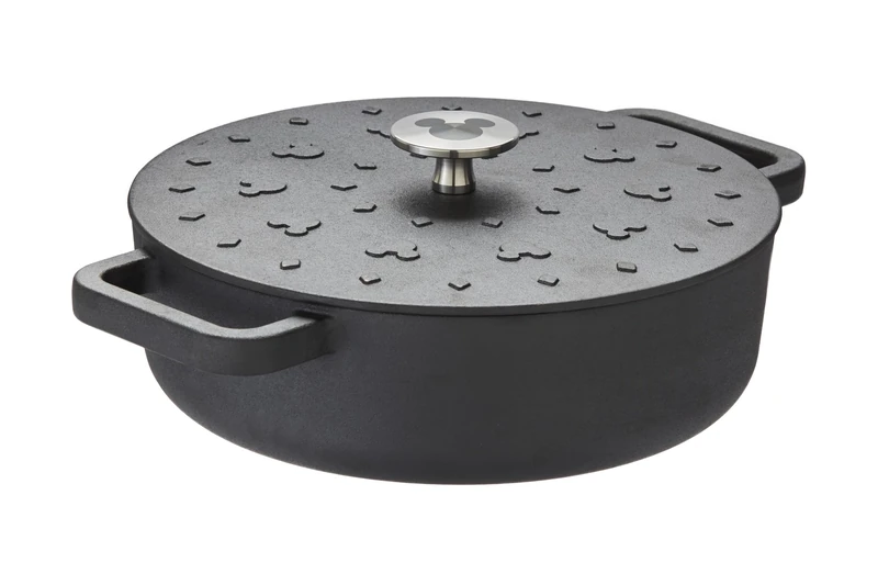 Prestige Disney Monochrome Shallow Cast Iron Casserole with Lid, 24cm - Black, Cast Iron Pot Pre-Seasoned