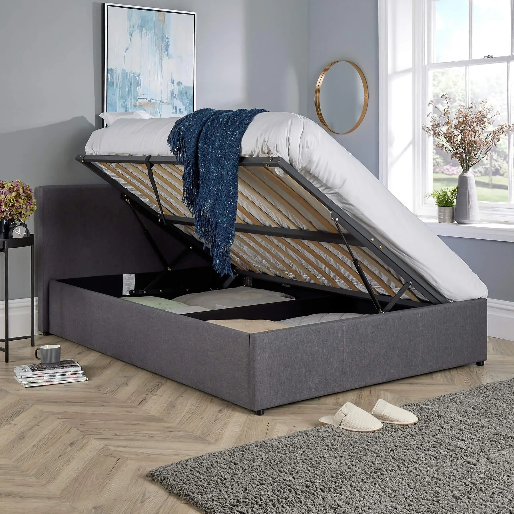 Home Source Double 4ft 6in Side Gas Lift Fabric Ottoman Storage Bed, Grey