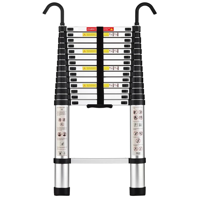 STANEW Aluminium Telescopic Ladder 4.4 M, Ladders Extendable with Detachable Hooks, Portable Ladders Extendable with Non-Slip Feet,Max Load 150 KG