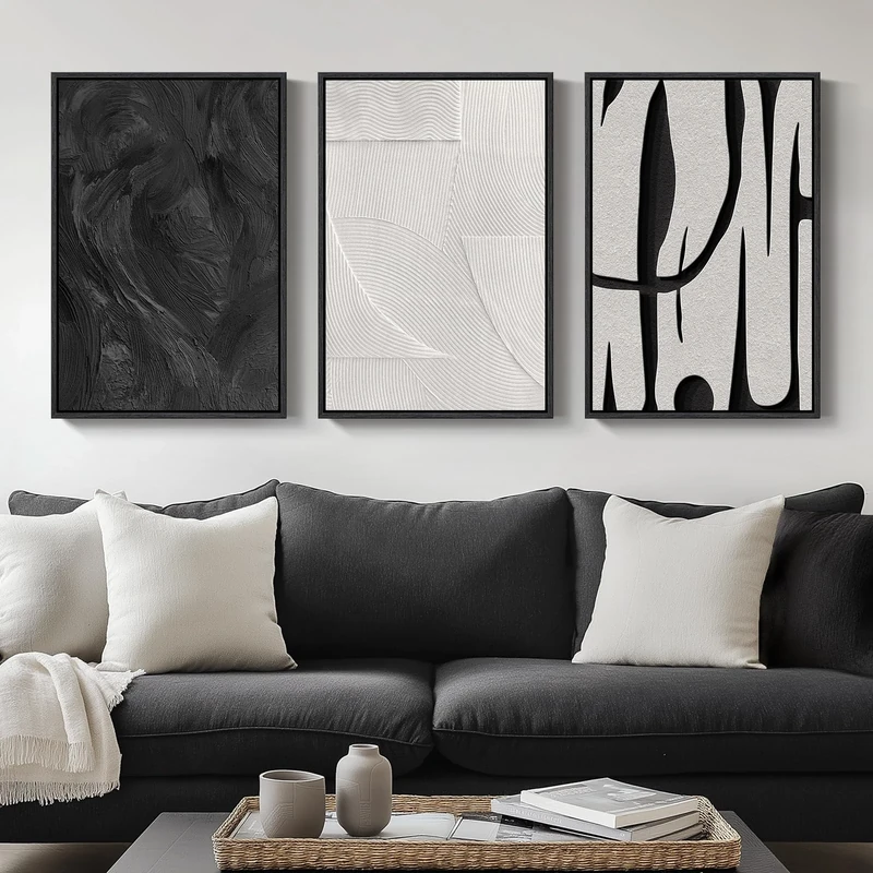 Framed Black and White Abstract Wall Art, 3 Piece Modern Canvas Prints Paintings Art for Walls, Minimalist Black White Abstract Pictures for Living Room Bedroom Dining Room Office Wall Decor 16x24 In