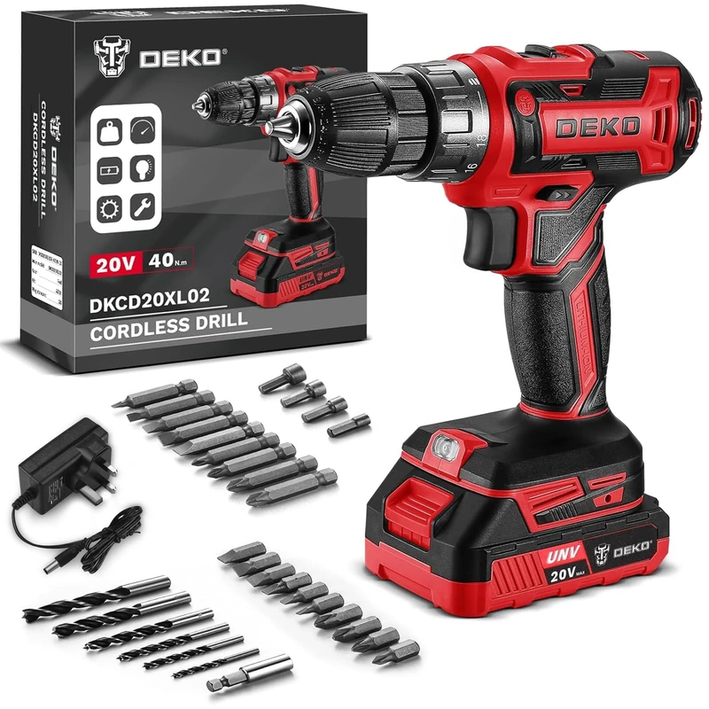 DEKOPRO 20V Cordless Drill Driver Set, 40N.m Torque 18+1 Clutch, 2-Speed 0-1350RPM, 10mm Keyless Chuck, 1.5Ah Lithium Battery & Charger, Complete Drill Bits Kit for Wood DIY Home Repairs