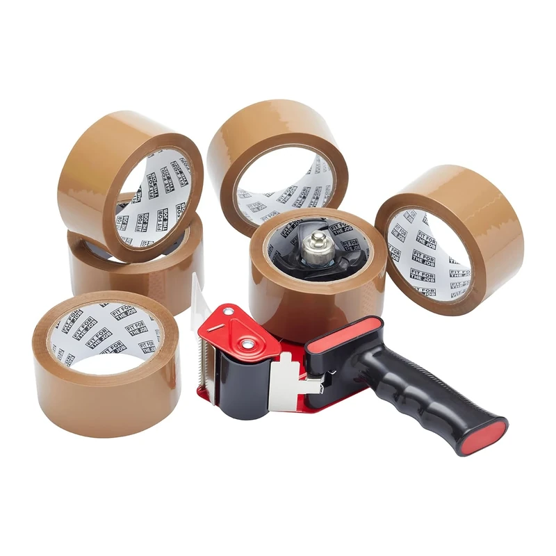 Fit For The Job Brown Parcel Tape Gun and Dispenser - Heavy Duty Packing Tape Dispenser for Efficient Sealing and Packing Needs - 6 Rolls