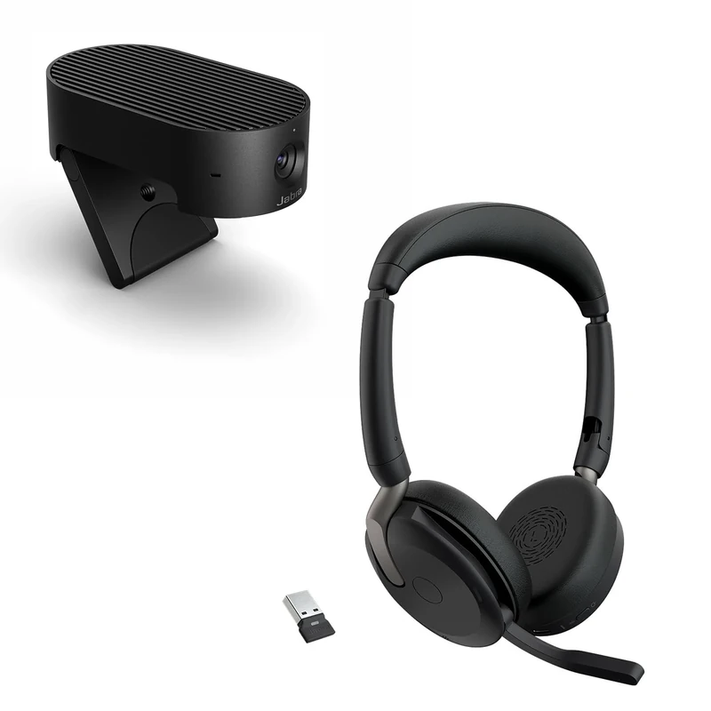 Jabra Evolve2 65 Flex - Wireless Stereo Headset with Bluetooth PanaCast 20 4K AI-powered Video Conferencing Camera (bundle)