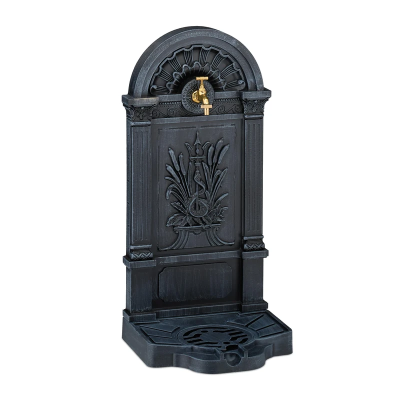 Relaxdays Standing Water Fountain, Antique-style, HWD: 82.5 x 32 x 33, Nostalgic, Garden Decoration, Tap, Basin, Grey, Aluminium, 82.5 x 32 x 33 cm