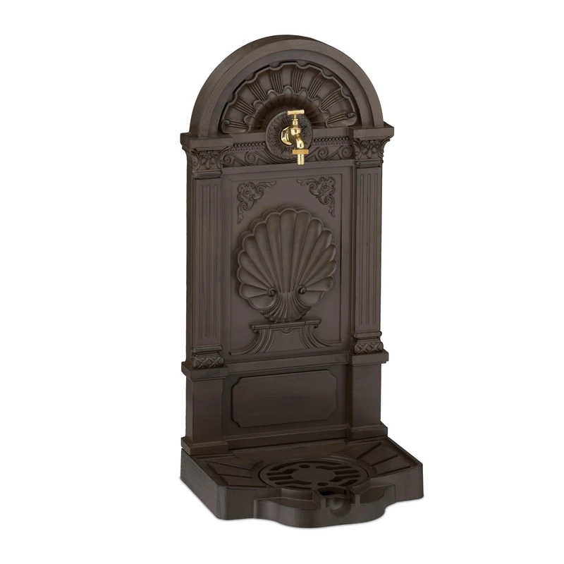 Relaxdays Standing Water Fountain, Antique-style, HWD: 82.5 x 39 x 32 cm, Nostalgic, Garden Decor, Tap, Basin, Brown, Aluminium