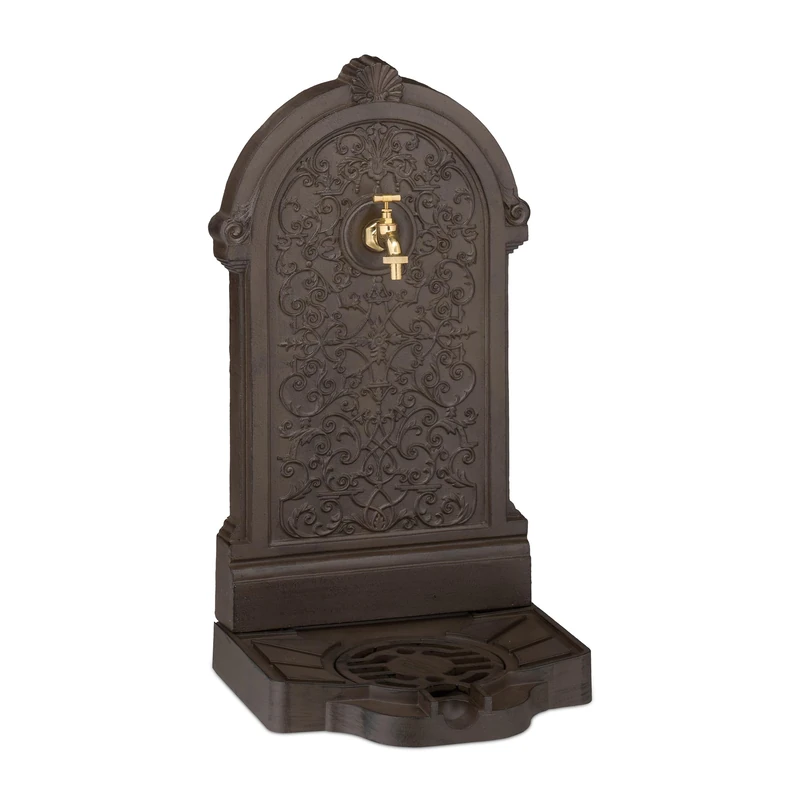 Relaxdays Standing Water Fountain, Antique-style, HWD: 73 x 39 x 32 cm, Nostalgic, Garden Decoration, Tap, Basin, Brown