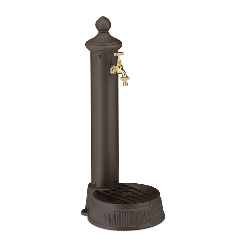Relaxdays Standing Water Fountain, Antique Look, with Tap & Basin, HWD: 65 x 25 x 30, Garden, Terrace, Ornamental, Brown, Aluminium, 65 x 25 x 30 cm