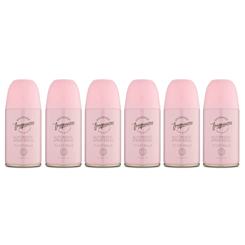 Designer Fragrances 6 Pack Tu Est Belle Automatic Room Spray Universal Refill Air Freshener Cans - For Home & Vehicles – Upto 70 Days of Luxury Lasting Smell - Deodorise & Neutralise Odours – 250ml