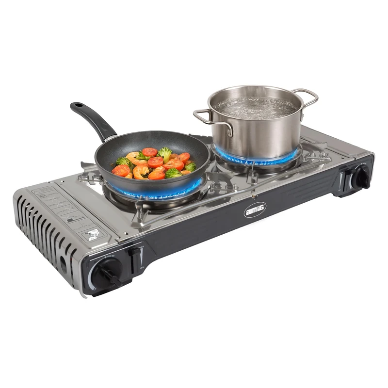 Amig - Camping Gas Stove | Portable Kitchen | 2 x Burners | Includes Iron - Cast Iron | Stainless Steel | 2.2 Kw Power x 2