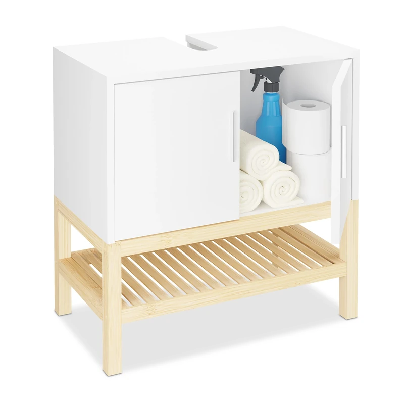Relaxdays Washbasin Base Cabinet with Shelf, HWD: 60.5 x 60 x 33 cm, Bamboo & MDF, Bathroom Vanity Unit, White/Natural, Fibreboard