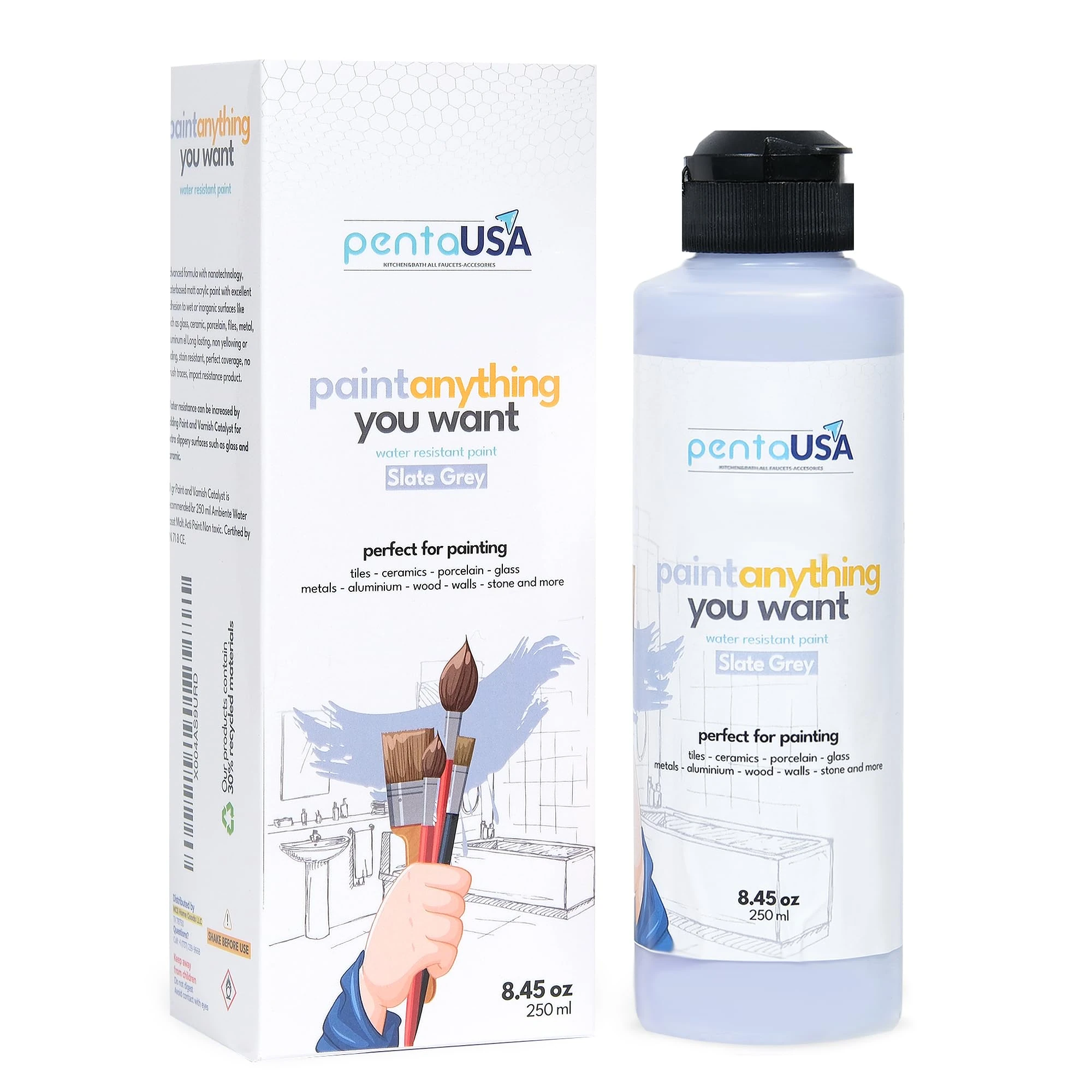 PENTAUSA All in One Paint - Waterproof Multi Surface Paint for Bathroom, Bathtub, Tile, Wet Surfaces, Sink, Kitchen Cabinet, Worktop, Wood, Furniture - Matte & 250ml (Slate Grey)