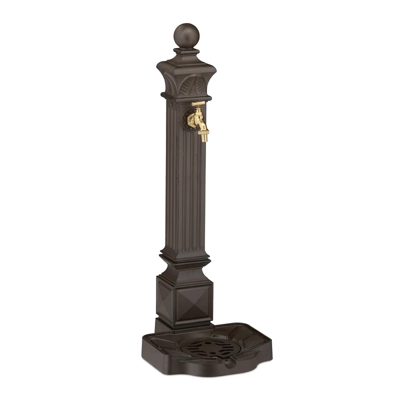 Relaxdays Standing Water Fountain, Antique Look, Tap & Basin, HWD: 82 x 29 x 33 cm, Garden, Terrace, Ornamental, Brown