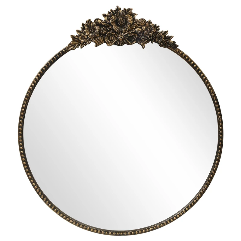 IPOUF Vintage Round Mirror, 28" Baroque Style Circular Mirror, Antique Metal Frame Wall Mirror, Traditional Art Home Decor for Dressing Table, Bathroom or Bedroom,Retro Black