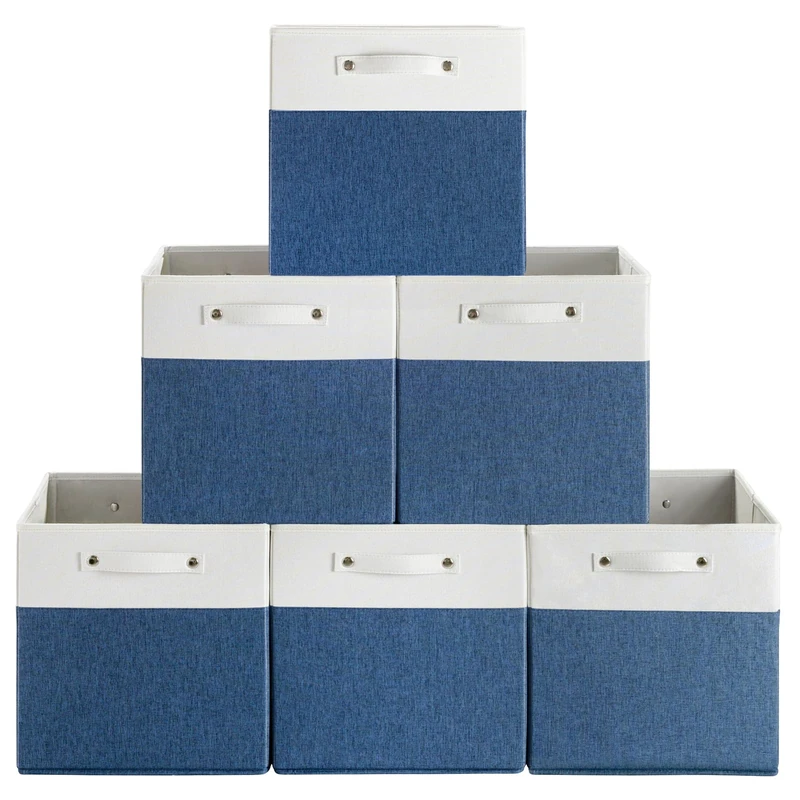 13 x 13 Inch Fine Linen Storage Bins with Handles，Fabric Cube Boxs，Collapsible Basket Organizers for Shelves for Home, Closet Drawers (White/Blue-6 Pack)