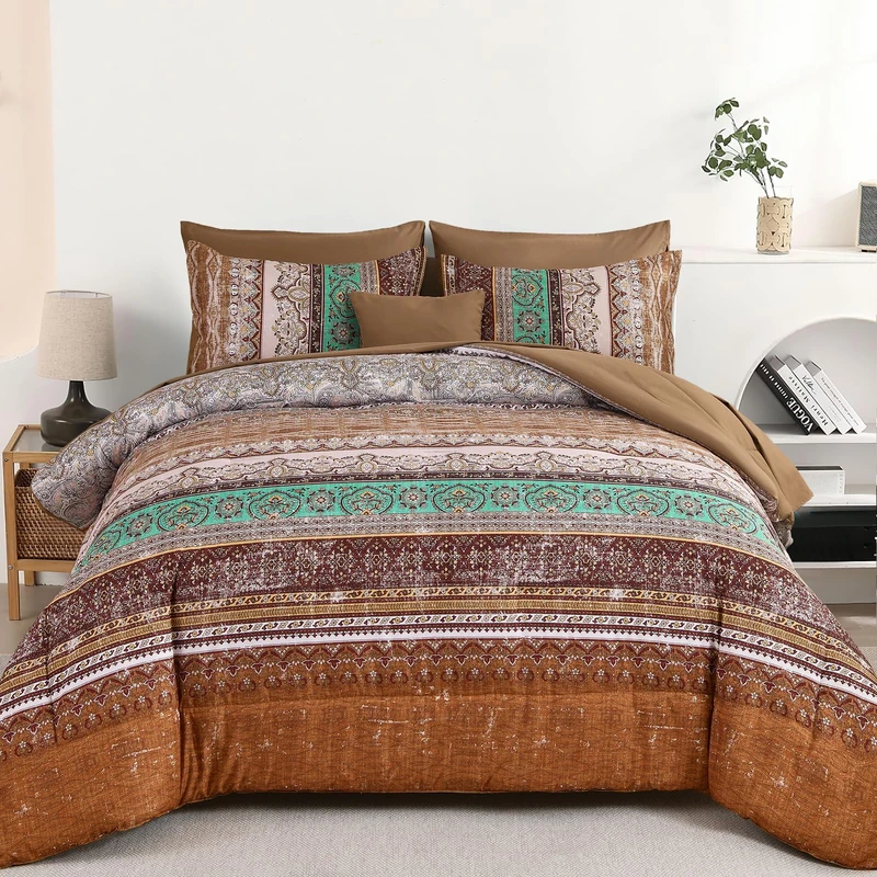 Boho King Size Comforter Set 8 Pieces, Brown Bohemian Striped Bed in a Bag, Paisley Soft Microfiber Bedding Comforter Set