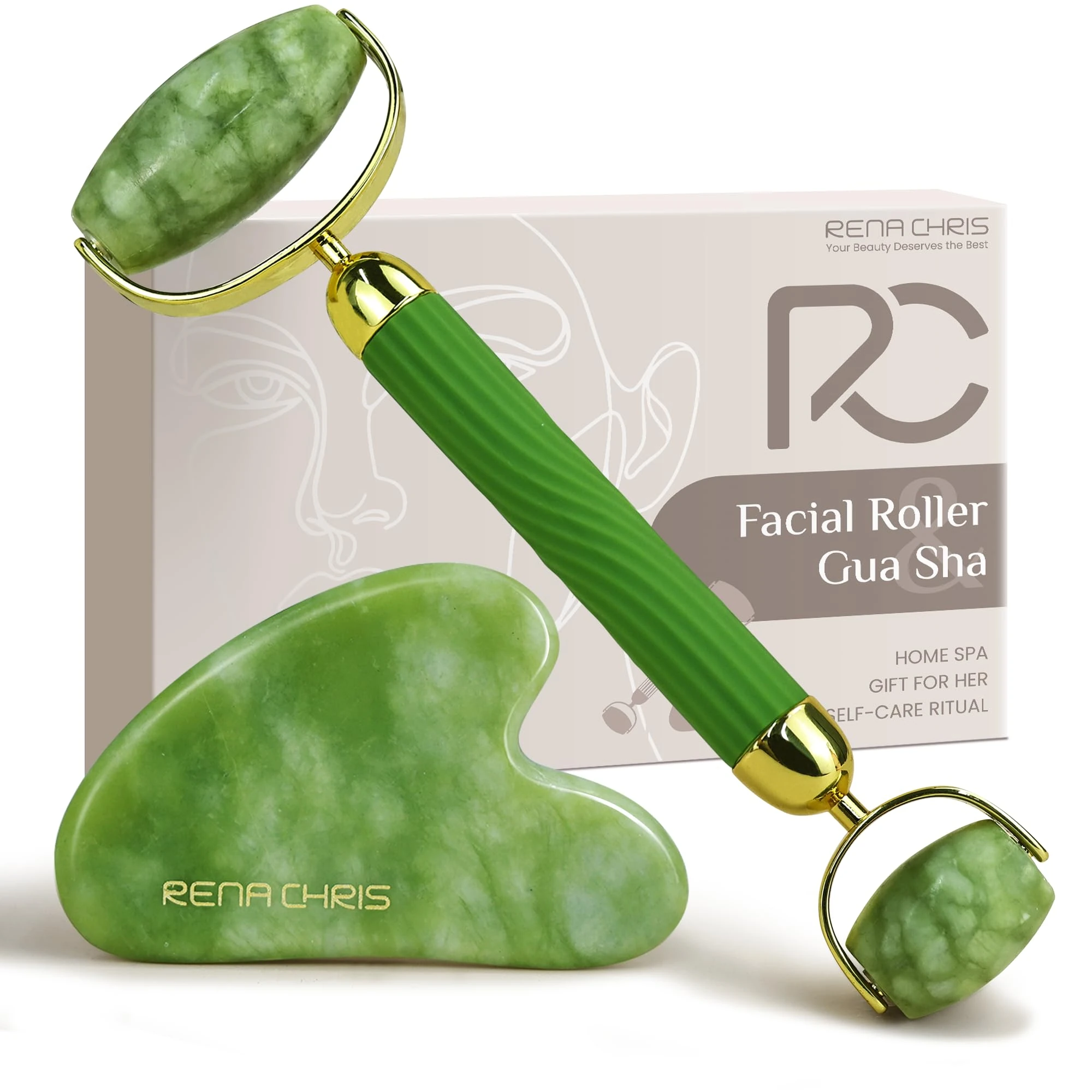 Rena Chris Gua Sha, Anti-Breakage Jade Face Roller and Gua Sha Set for Long-Lasting Use, Jawline Sculpting and Puffiness Reducing, Ideal for Gift and Self Care (Green)