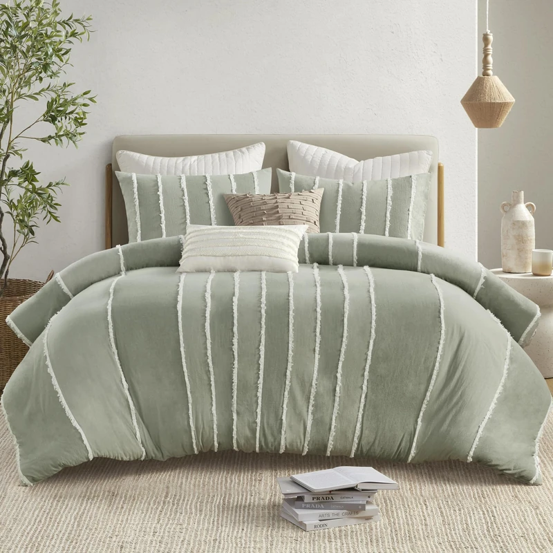 INK+IVY King Duvet Cover Set Boho Duvet Covers Stripes, Clipped Jacquard, Cotton Duvet Cover for King Size Bed, All Season Lightweight King Bedding Cover & Shams, Shay, King/Cal King, Sage 3 Piece