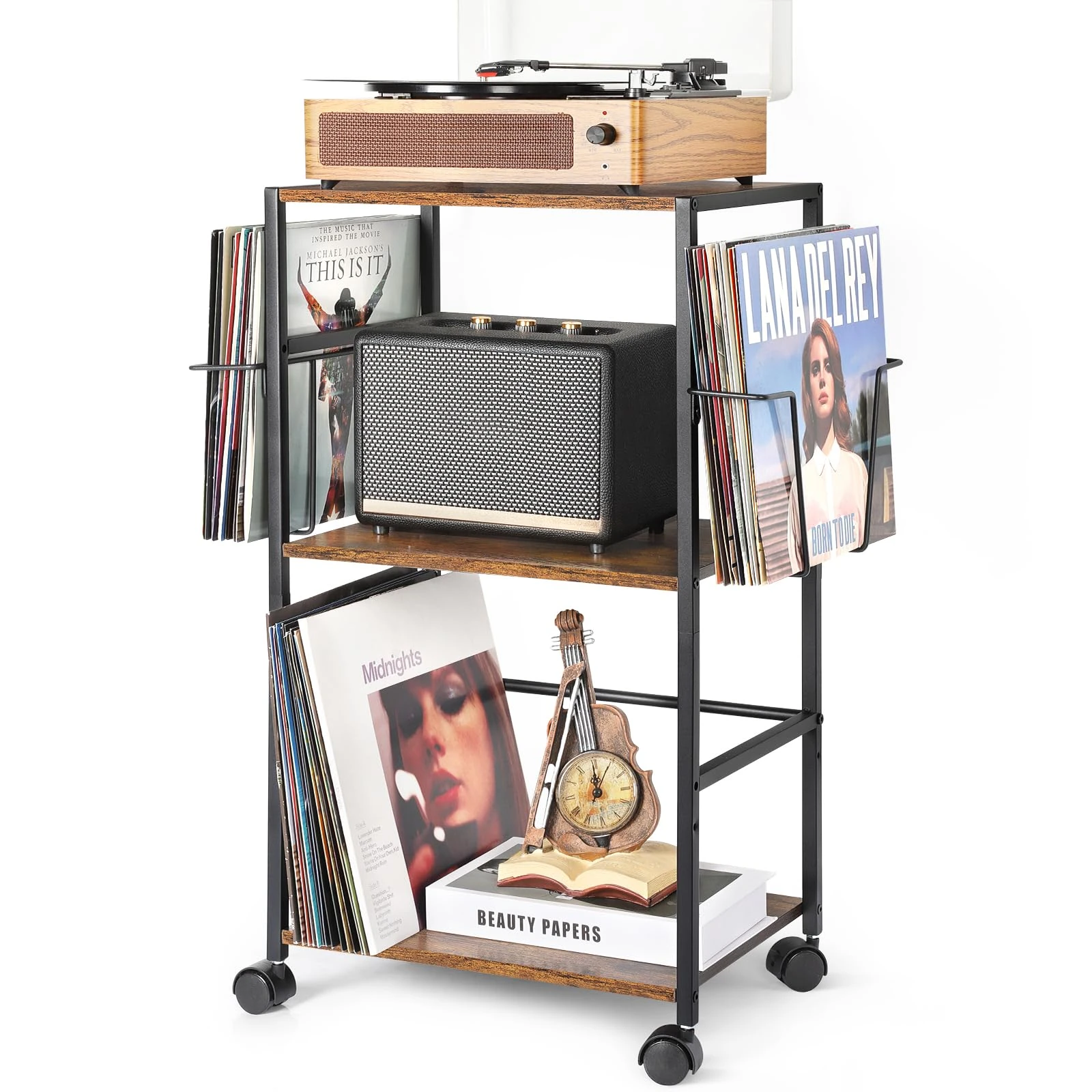 Bikoney Vinyl Record Storage, Rolling Side Table with Player Stand, Large End Table Cart Up to 150 Albums, Turntable Holder with 2 Display - Vinyl Storage for Living Room Bedroom Office
