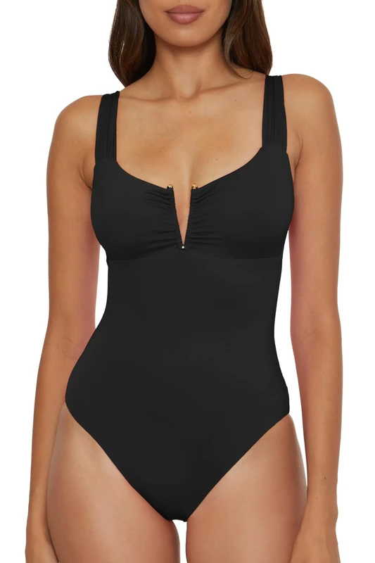 BECCA Women's Standard Color Code V-Wire Shirred One Piece Swimsuit, Plunge Neck, Bathing Suits, Black, S