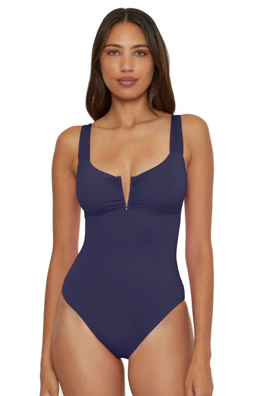 BECCA Women's Color Code V-Wire Shirred One Piece Swimsuit, Plunge Neck, Bathing Suits, Deep Blue, S