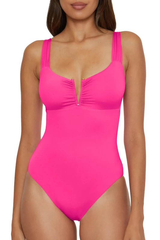BECCA Women's Color Code V-Wire Shirred One Piece Swimsuit, Plunge Neck, Bathing Suits, Cosmopolitan, S