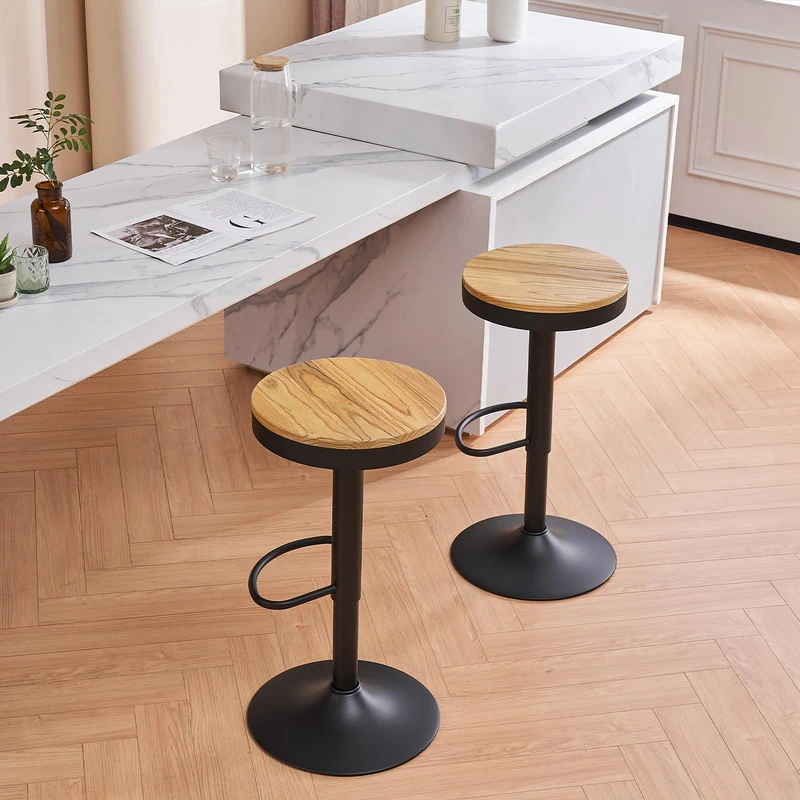 YOUNIKE Bar Stools Set of 2 Wooden Bar Stools Bar Chair High Stool Metal Frame 360° Swivel Height Adjustable with Industrial Footrest Black - Image 1