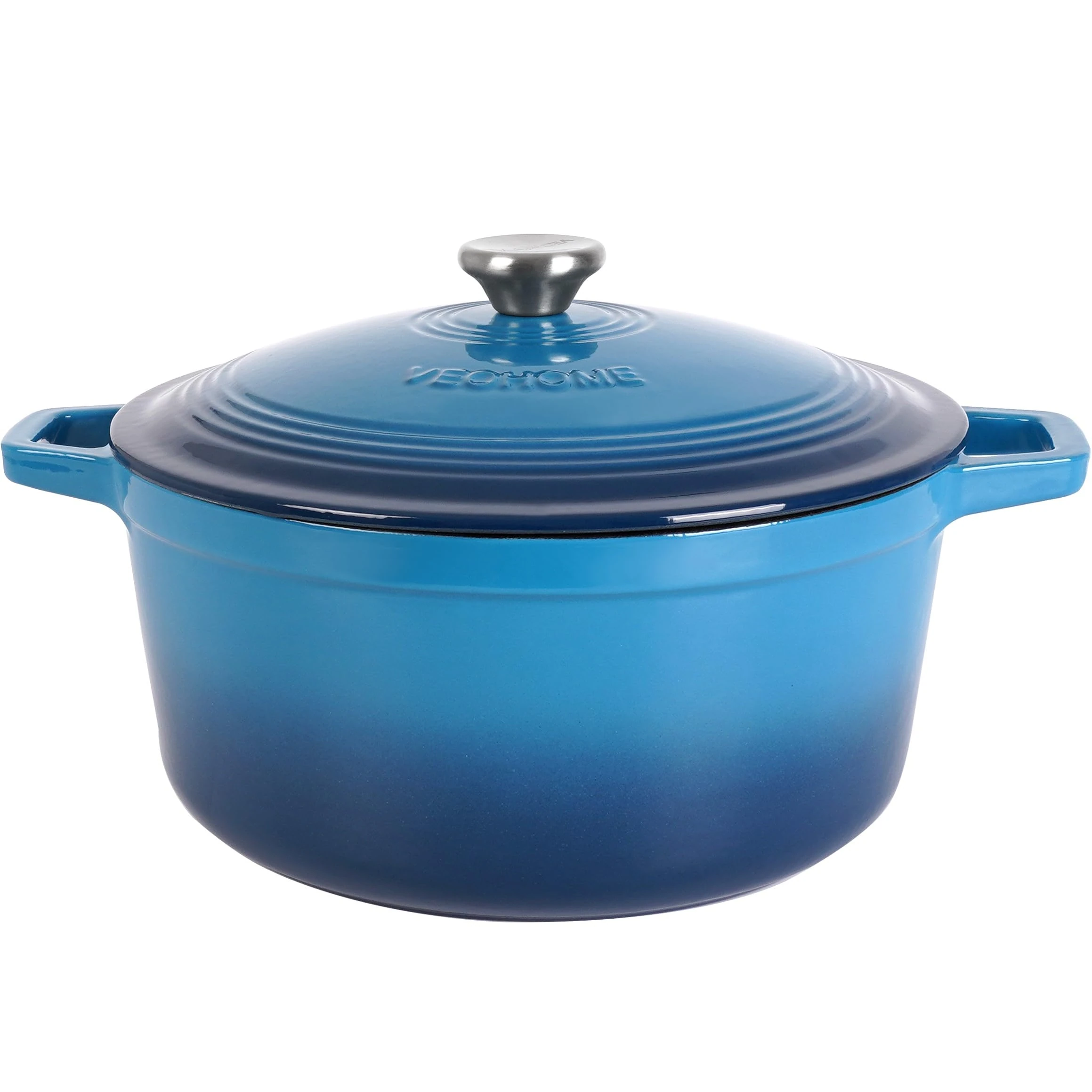 VeoHome Cast Iron Dutch Oven Blue 6L with Lid - Thick, Heavy Duty 5.5qt with Attractive Gloss Enamel, Even Heat Retention, Self Circulating, for Fry, Roast, Stew, Bread. Feeds 6-7 People
