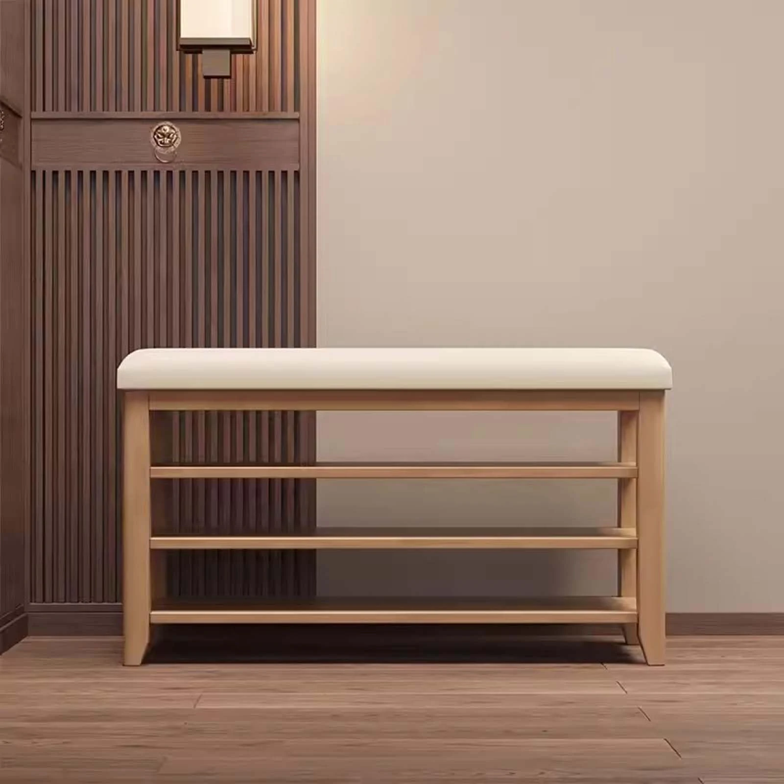 Shoe Bench Rack with Storage 47x12x20 Inches, Solid Wood Entryway Bench with Shelf, Entryway Shoes Organizer with Padded Seating, Storage Bench for Entryway, Bedroom, Closet & Hallway