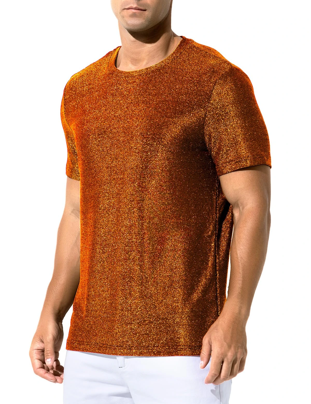 Casey Kevin Men's Shiny Shirts Short Sleeve Sparkly Disco Rave Hot Tops Nightclub Glitter T-Shirt Premium Gold M