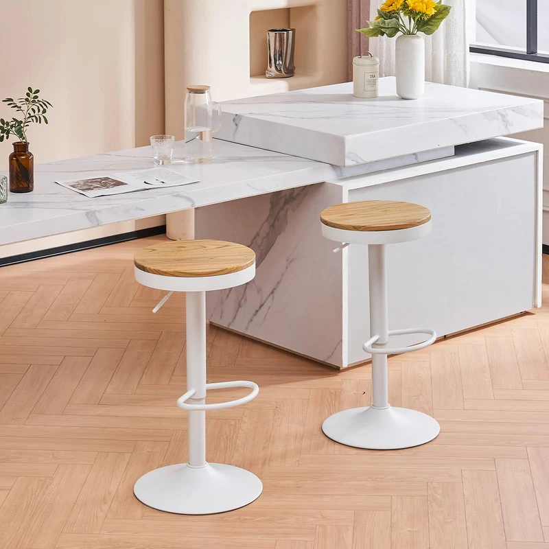 YOUNIKE Bar Stools Set of 2 Wooden Bar Stools Bar Chair High Stool Metal Frame 360° Swivel Height Adjustable with White Industrial Footrest - Image 1