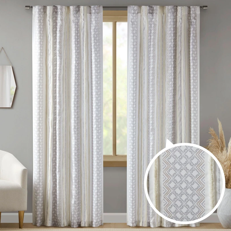 INK+IVY Window Curtain for Living Room Geometric Print Tufted Accent Modern Curtain Window, Light Blocking Living Room Drape for Bedroom, 2 Panels Pack Fits 1.25" Rod, Ebby, 2-PK 50x84 White/Taupe