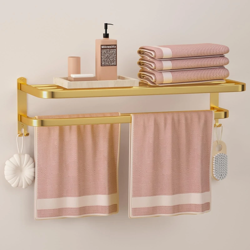 DDS-DUDES Gold Bathroom Towel Rack Towel Shelf with Double Towel Bars Lavatory Wall Mount Holder with Hooks Golden Stainless Steel Hotel Bath Rack 23 inches