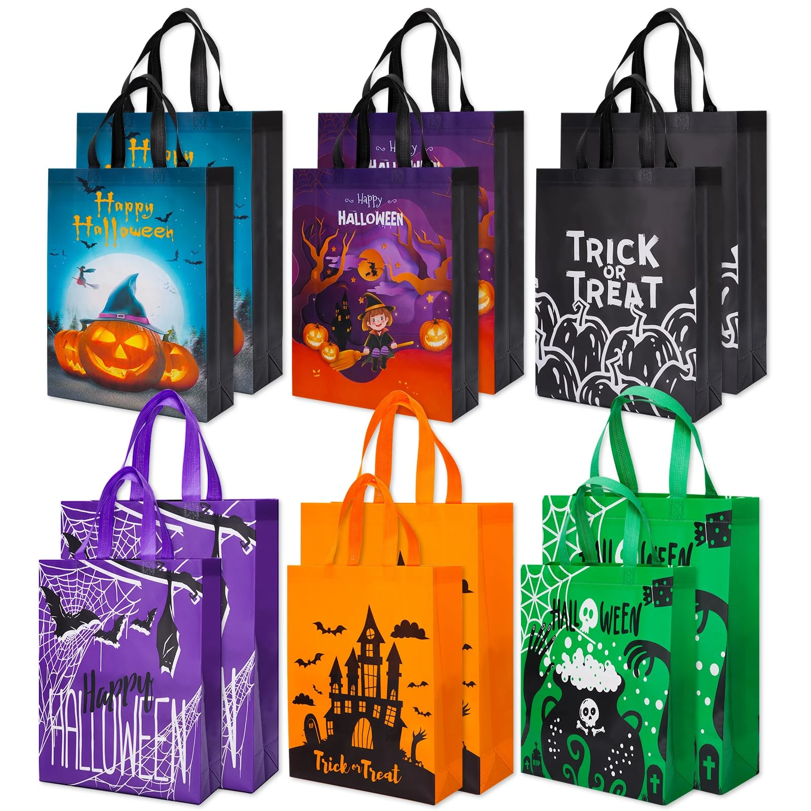 12PCS Large Halloween Trick or Treat Bags, 38×30×10cm, Tote Bags with Handles, Gift Bags, Multifunctional Non-Woven Bags for Gifts Wrapping, Halloween Party Supplies