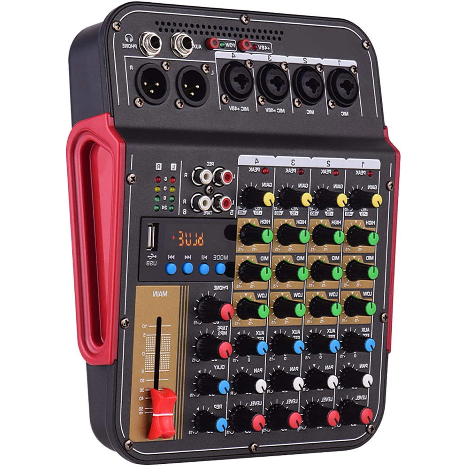 Digital 4 Channel Audio Mixer, Studio Mixing Desks, 3 band EQ On All Channels for Studio Recording, DJ Equipment, and More, with BT Function Professional Audio System