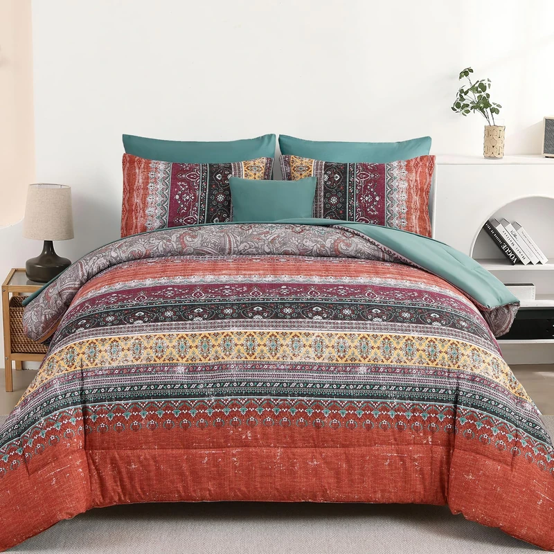 Cottolester Boho King Size Comforter Set 8 Pieces, Orange and Green Bohemian Striped Bed in a Bag, Paisley Soft Microfiber Bedding Comforter Set