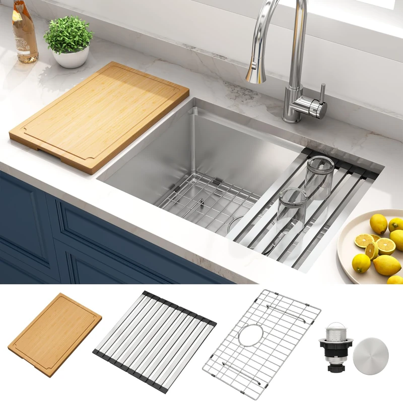 LQS 23 Inch Undermount Sink Kitchen, Stainless Steel Sink Undermount Workstation Kitchen Sink, 23" x 18" x 10" Smart Workstation Ledge with Abundant Accessories, Round Corner and X-Shaped Drain Line