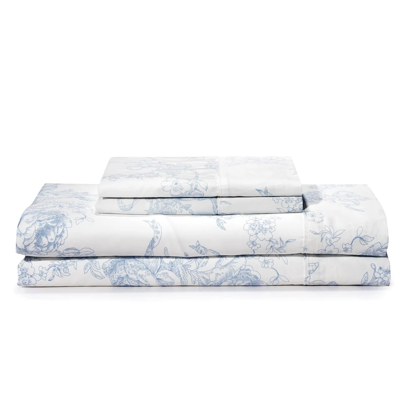 100% Cotton Printed Queen Sheets Set (White Floral) 4 Piece - Percale Bed Sheets for Queen Size Bed - Deep Pocket Fits 16" Mattress - Cooling & Breathable Sheets Set