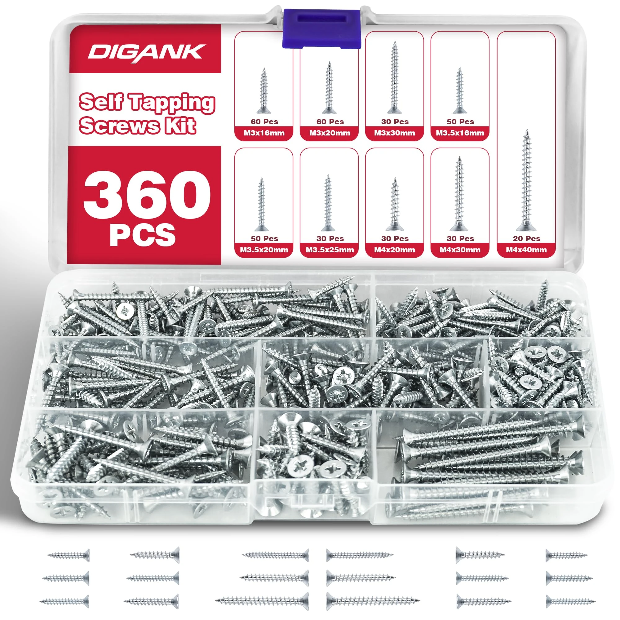 Wood Screws Kit,360pcs Self Tapping M3,M3.5,M4 Screws Assortment, Ideal for Diy,Furniture Assembly, and Repairs. Durable, and Perfect for Various Woodworking Projects