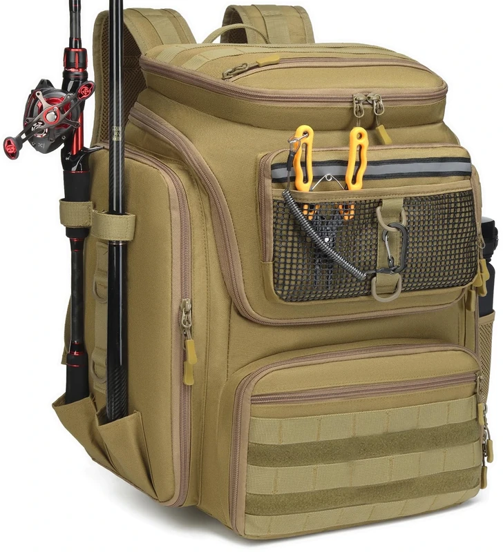 BlesMaller Fishing Backpack with Rod Holder 45L Fishing Tackle Bag Equipment Bag for Hiking Hunting Camping Outdoor Sport (Brown)