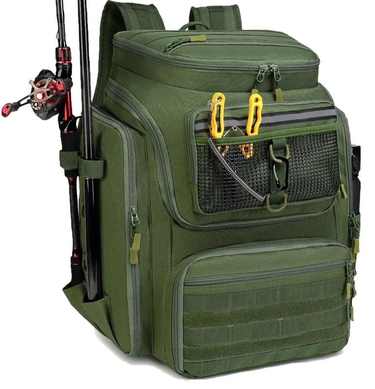 BlesMaller Fishing Backpack with Rod Holder 45L Fishing Tackle Bag Equipment Bag for Hiking Hunting Camping Outdoor Sport (Green)