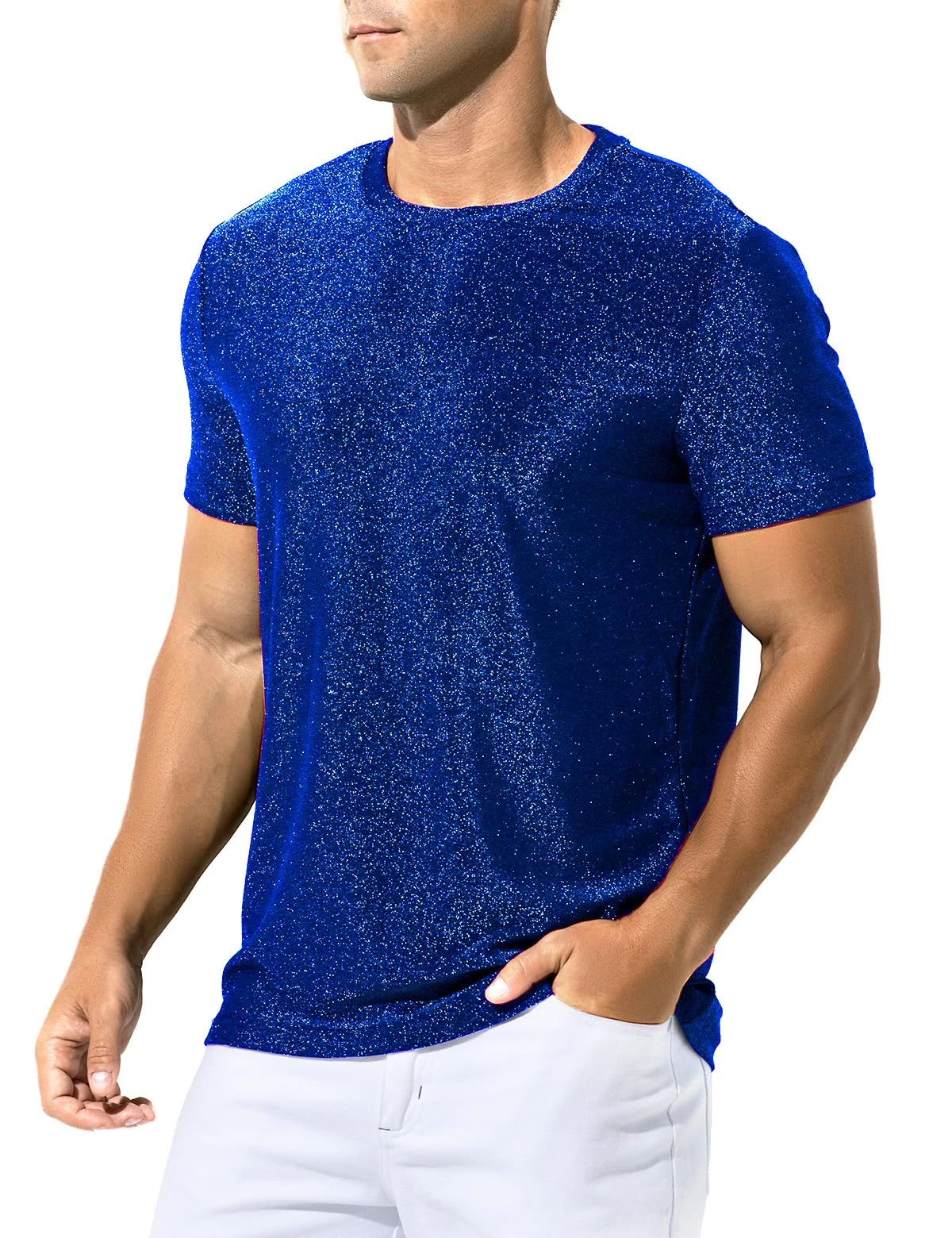 Casey Kevin Men's Shiny Shirts Short Sleeve Sparkly Disco Rave Hot Tops Nightclub Glitter T-Shirt Premium Blue S