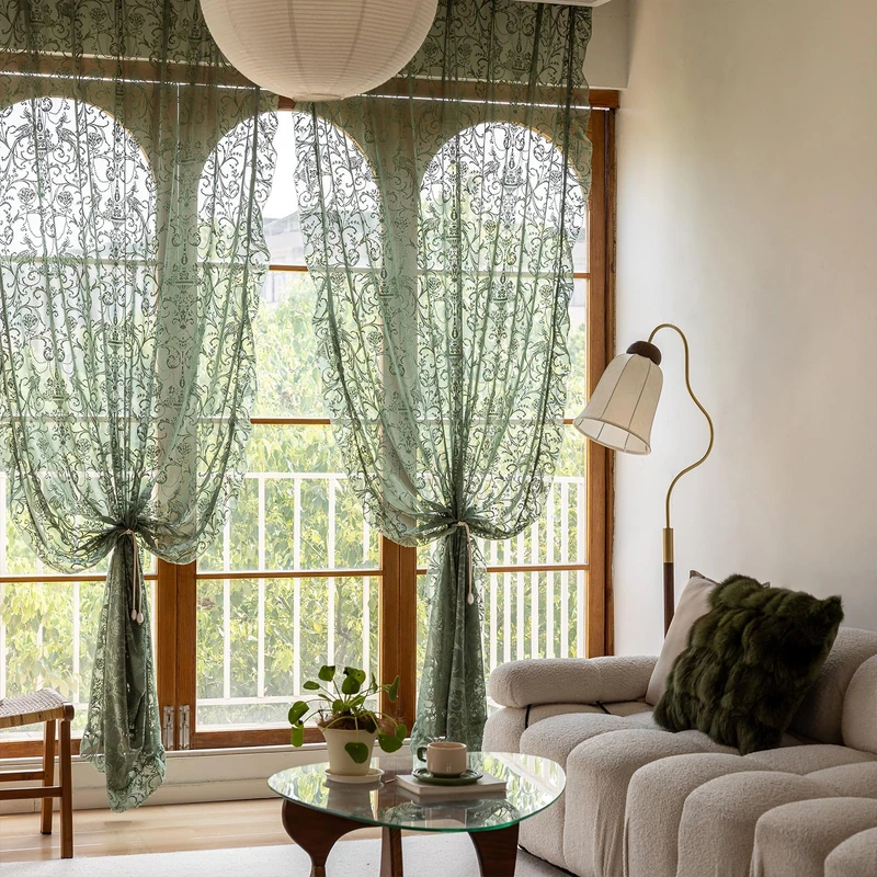 TUDECO Green Sheer Curtains 108 Inch Long for Living Room - Shabby Chic Lace Floral Ruffled Curtains Elegant Knitted Privacy Rod Pocket Emerald Green Spring/Summer Curtains 1 Pair, 59 x 108 Inch